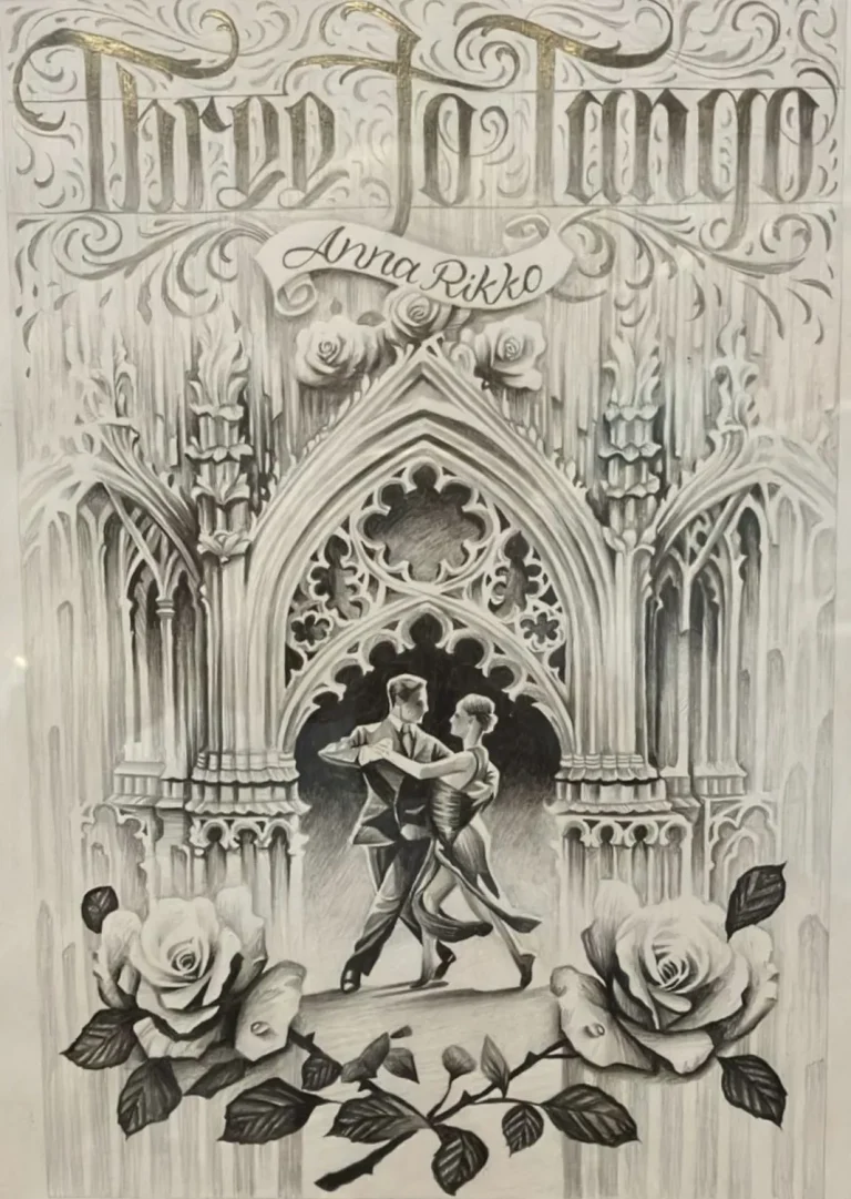 Three to Tango cover illustration featuring a tango couple beneath Gothic arches
